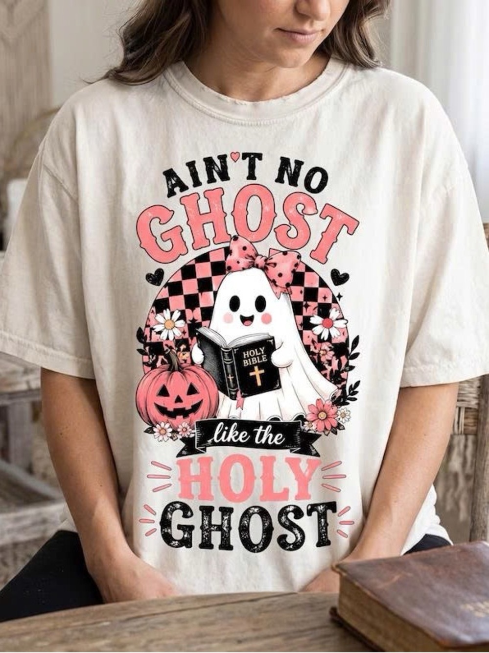 Gildan White Tee with Pink & Black Ghost Graphic
